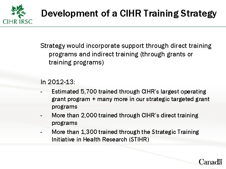 Development of a CIHR Training Strategy would incorporate support through direct training programs and