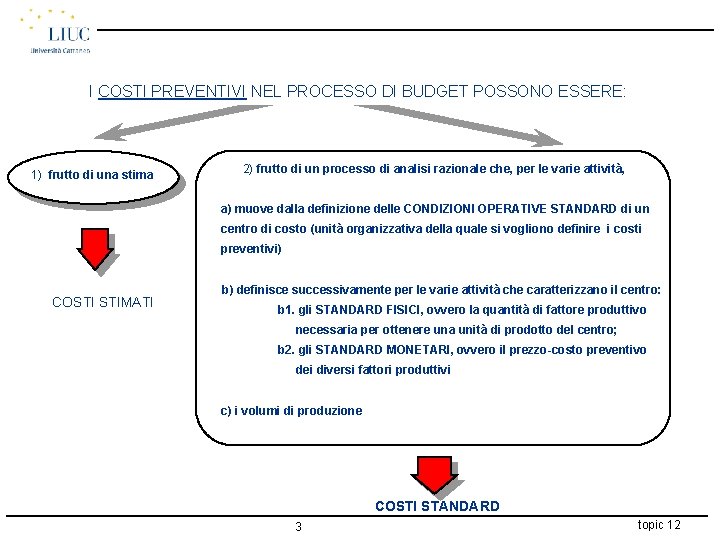 I COSTI PREVENTIVI NEL PROCESSO DI BUDGET POSSONO ESSERE: 1) frutto di una stima