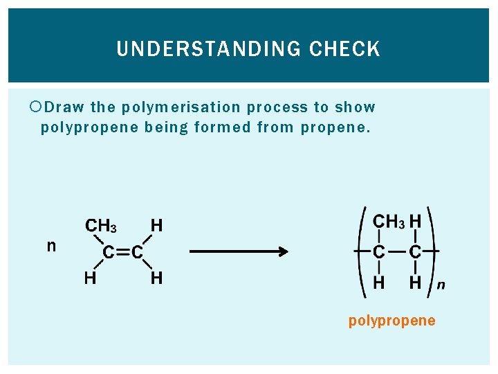 UNDERSTANDING CHECK Draw the polymerisation process to show polypropene being formed from propene. n