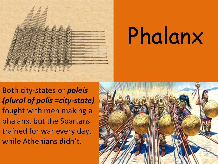 Phalanx Both city-states or poleis (plural of polis =city-state) fought with men making a