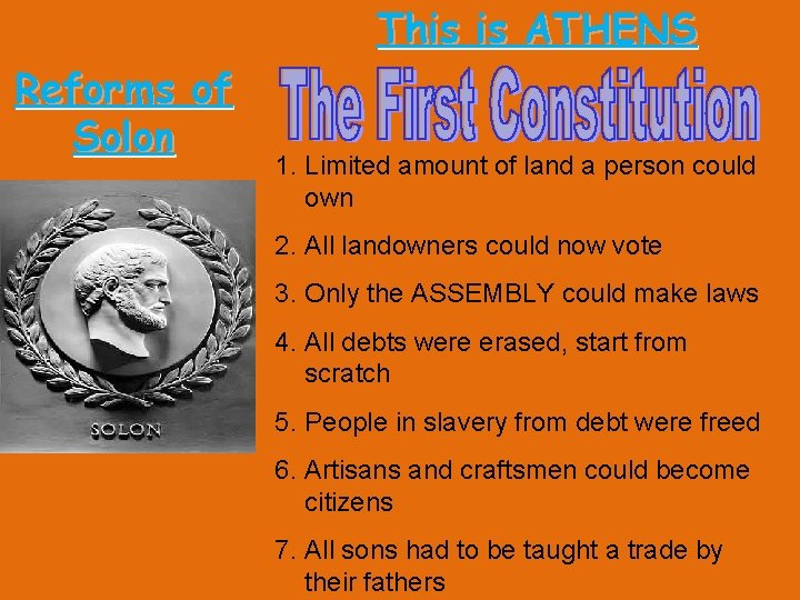 This is ATHENS Reforms of Solon 1. Limited amount of land a person could