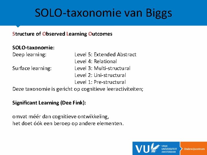 SOLO-taxonomie van Biggs Structure of Observed Learning Outcomes SOLO-taxonomie: Deep learning: Level 5: Extended