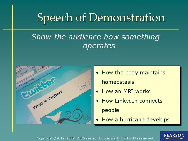Speech of Demonstration Show the audience how something operates • How the body maintains
