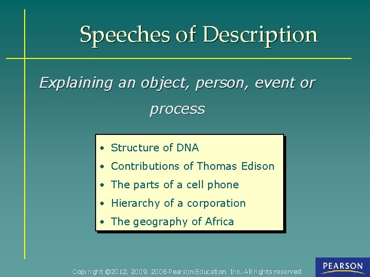 Speeches of Description Explaining an object, person, event or process • Structure of DNA