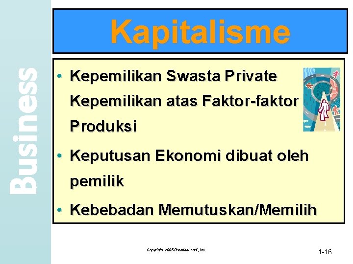 Business Kapitalisme • Kepemilikan Swasta Private Kepemilikan atas Faktor-faktor Produksi • Keputusan Ekonomi dibuat