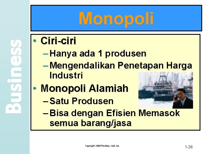 Business Monopoli • Ciri-ciri – Hanya ada 1 produsen – Mengendalikan Penetapan Harga Industri