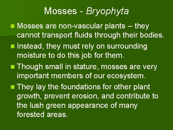 Mosses - Bryophyta n Mosses are non-vascular plants -- they cannot transport fluids through