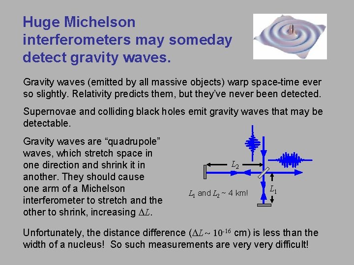 Huge Michelson interferometers may someday detect gravity waves. Gravity waves (emitted by all massive