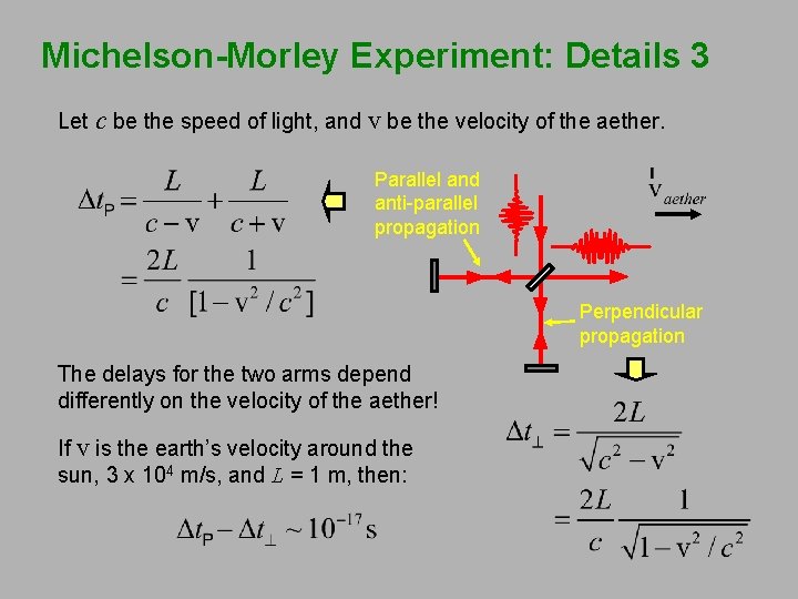 Michelson-Morley Experiment: Details 3 Let c be the speed of light, and v be