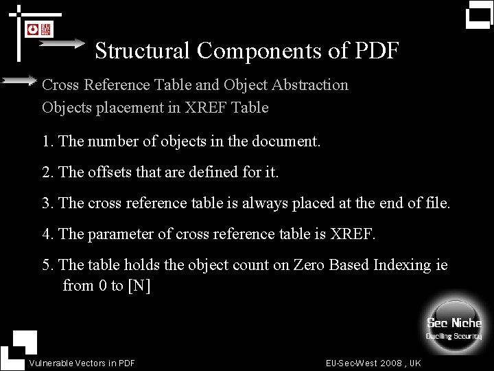 Structural Components of PDF Cross Reference Table and Object Abstraction Objects placement in XREF