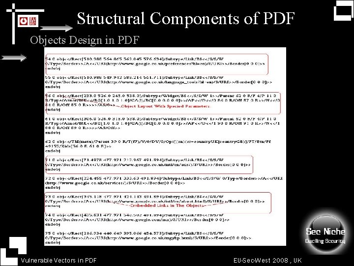 Structural Components of PDF Objects Design in PDF Vulnerable Vectors in PDF EU-Sec-West 2008