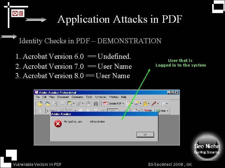 Application Attacks in PDF Identity Checks in PDF – DEMONSTRATION 1. Acrobat Version 6.