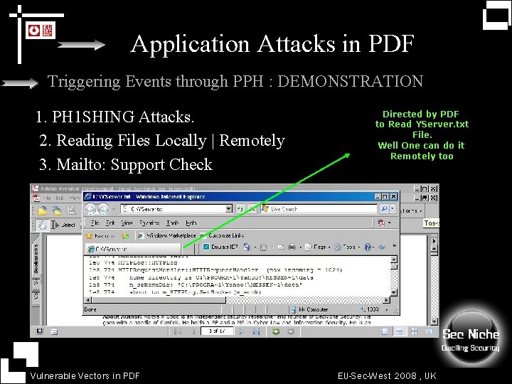 Application Attacks in PDF Triggering Events through PPH : DEMONSTRATION 1. PH 1 SHING