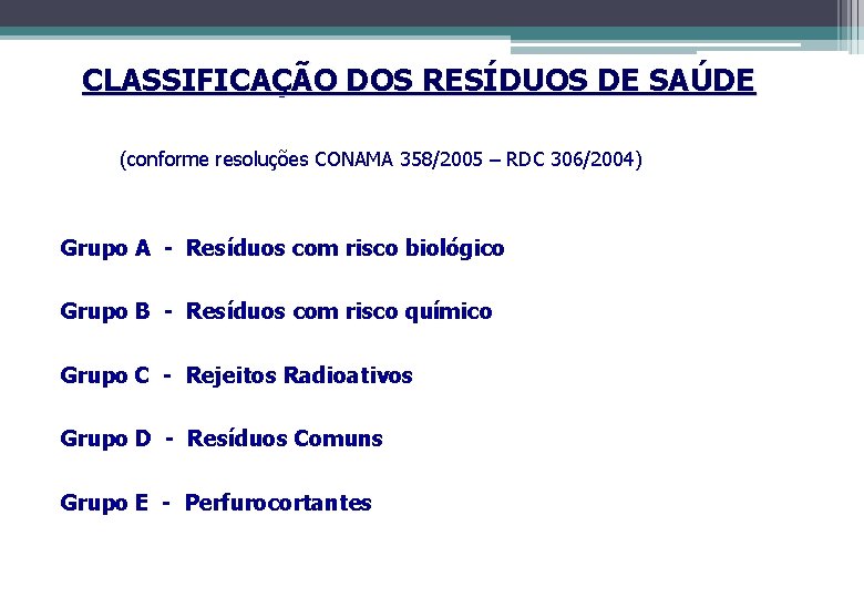 CLASSIFICAÇÃO DOS RESÍDUOS DE SAÚDE (conforme resoluções CONAMA 358/2005 – RDC 306/2004) Grupo A