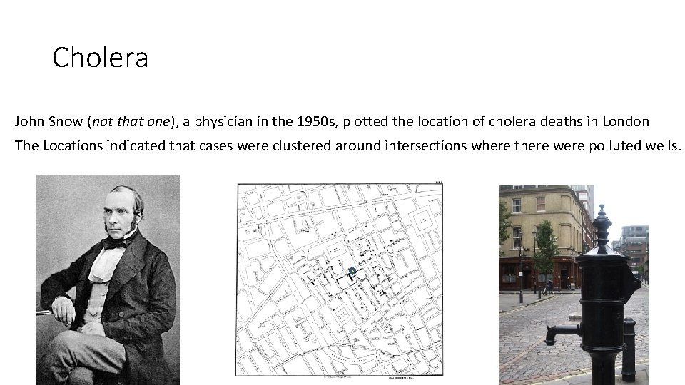 Cholera John Snow (not that one), a physician in the 1950 s, plotted the