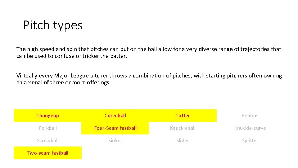 Pitch types The high speed and spin that pitches can put on the ball