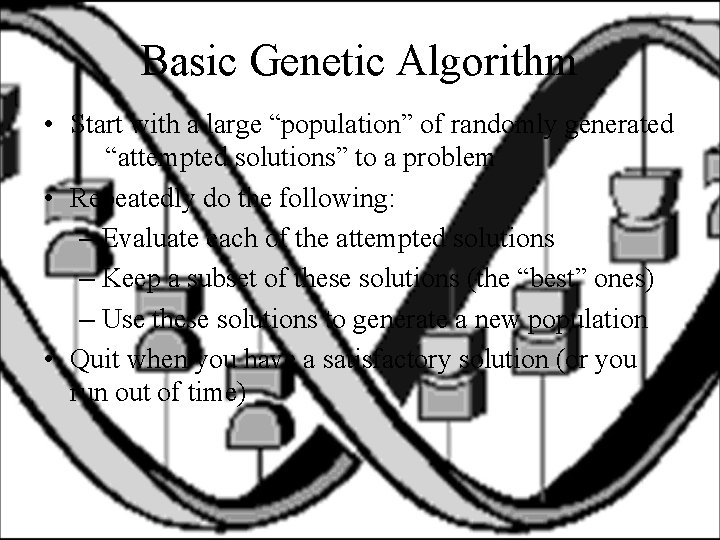 Basic Genetic Algorithm • Start with a large “population” of randomly generated “attempted solutions”