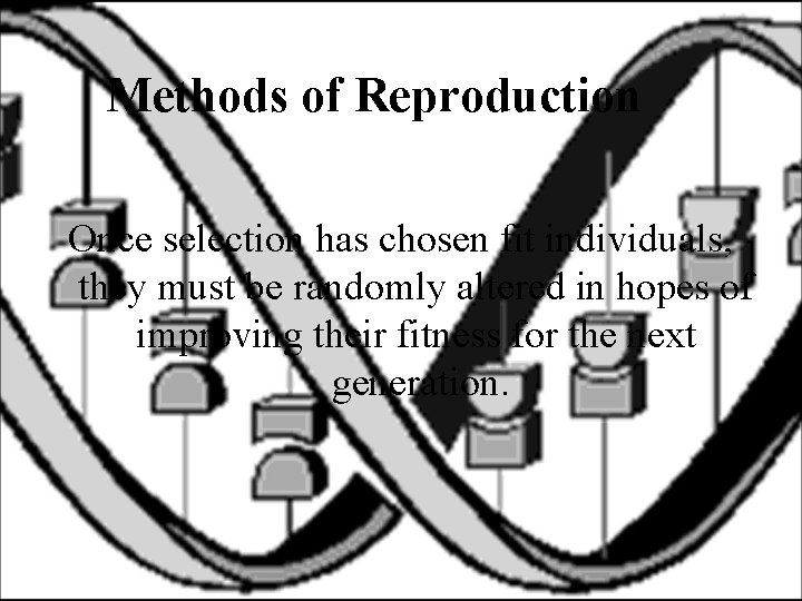 Methods of Reproduction Once selection has chosen fit individuals, they must be randomly altered