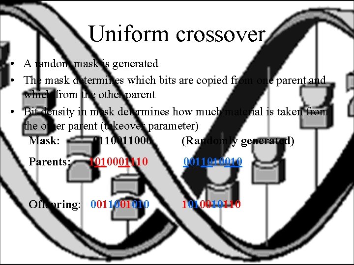 Uniform crossover • A random mask is generated • The mask determines which bits