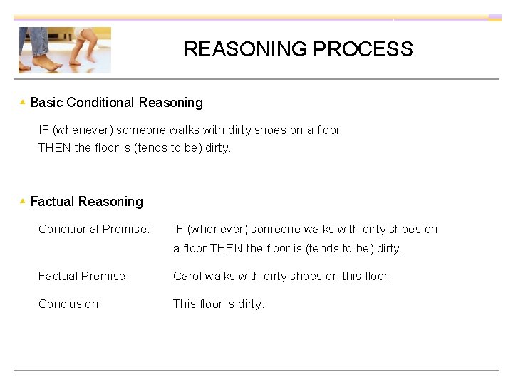 REASONING PROCESS ▴ Basic Conditional Reasoning IF (whenever) someone walks with dirty shoes on