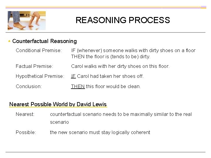 REASONING PROCESS ▴ Counterfactual Reasoning Conditional Premise: IF (whenever) someone walks with dirty shoes