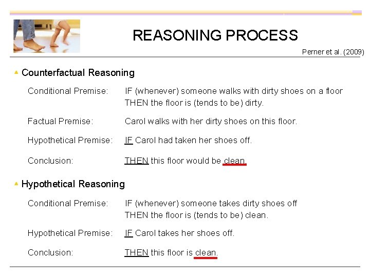 REASONING PROCESS Perner et al. (2009) ▴ Counterfactual Reasoning Conditional Premise: IF (whenever) someone