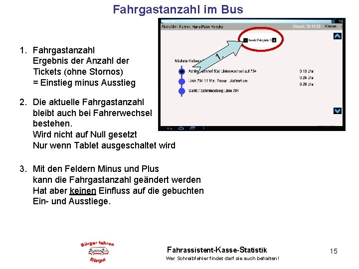 Fahrgastanzahl im Bus 1. Fahrgastanzahl Ergebnis der Anzahl der Tickets (ohne Stornos) = Einstieg