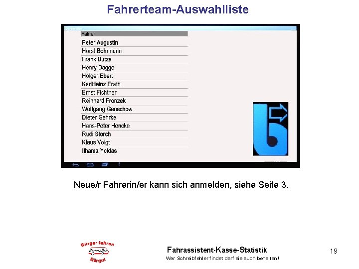 Fahrerteam-Auswahlliste Neue/r Fahrerin/er kann sich anmelden, siehe Seite 3. Fahrassistent-Kasse-Statistik Wer Schreibfehler findet darf