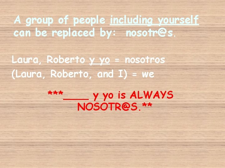 A group of people including yourself can be replaced by: nosotr@s. Laura, Roberto y