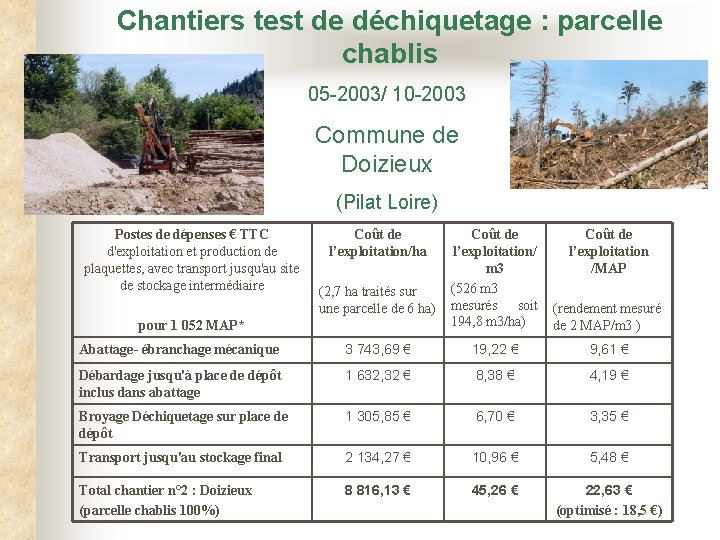 Chantiers test de déchiquetage : parcelle chablis 05 -2003/ 10 -2003 Commune de Doizieux