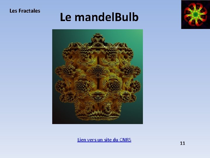 Les Fractales Le mandel. Bulb Lien vers un site du CNRS 11 