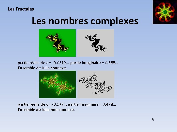Les Fractales Les nombres complexes : partie réelle de c = -0. 0519. .