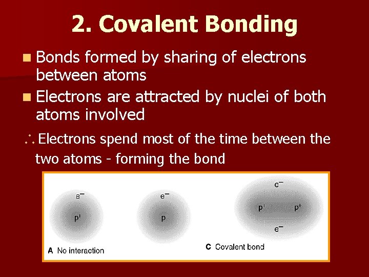 2. Covalent Bonding n Bonds formed by sharing of electrons between atoms n Electrons