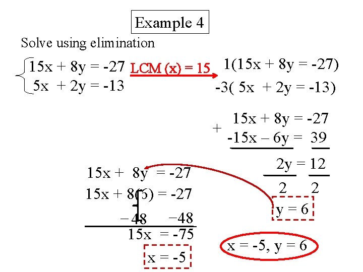 Example 4 Solve using elimination 15 x + 8 y = -27 LCM (x)