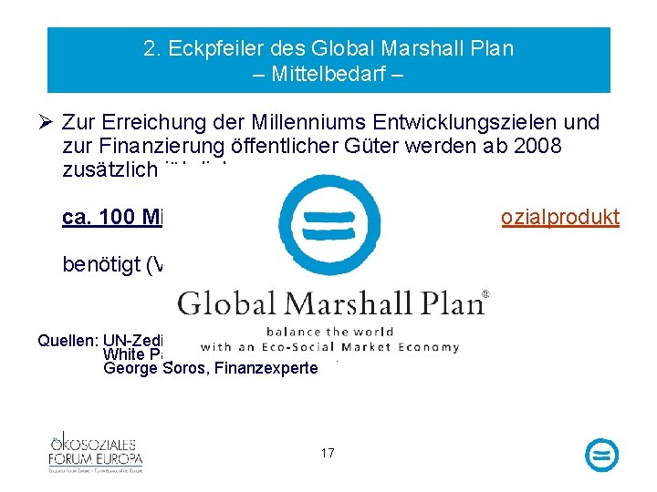 2. Eckpfeiler des Global Marshall Plan – Mittelbedarf – Ø Zur Erreichung der Millenniums
