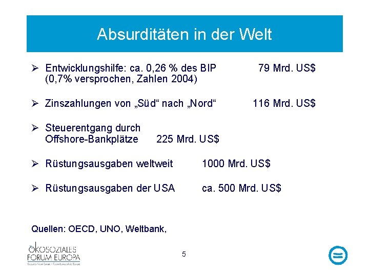 Absurditäten in der Welt Ø Entwicklungshilfe: ca. 0, 26 % des BIP (0, 7%