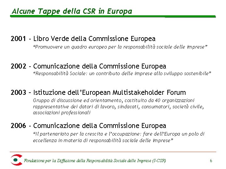 Alcune Tappe della CSR in Europa 2001 - Libro Verde della Commissione Europea “Promuovere