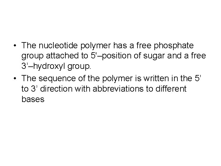  • The nucleotide polymer has a free phosphate group attached to 5'–position of