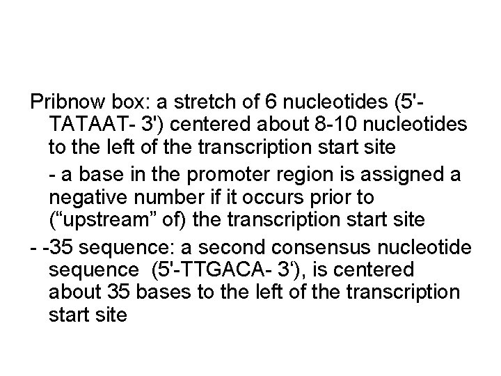 Pribnow box: a stretch of 6 nucleotides (5'TATAAT- 3') centered about 8 -10 nucleotides
