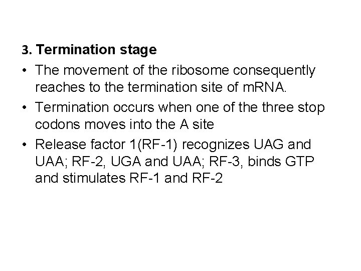 3. Termination stage • The movement of the ribosome consequently reaches to the termination