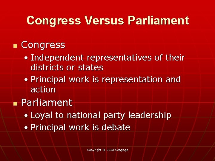 Congress Versus Parliament n Congress • Independent representatives of their districts or states •