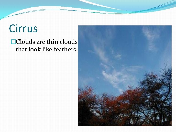 Cirrus �Clouds are thin clouds that look like feathers. 
