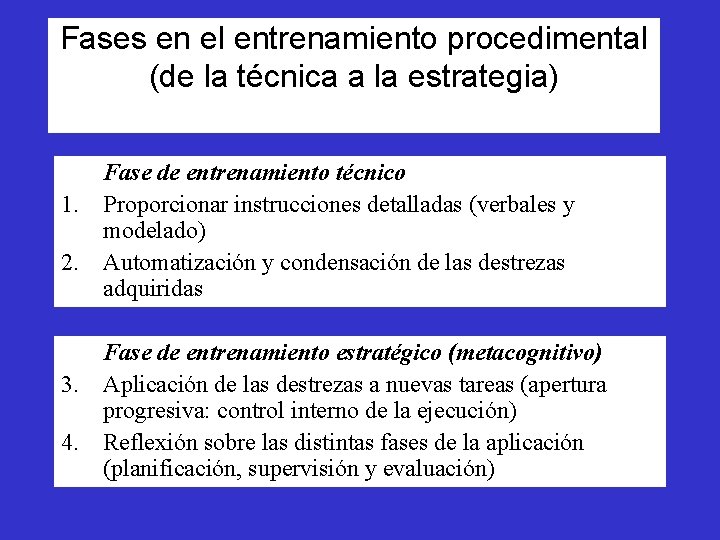 Fases en el entrenamiento procedimental (de la técnica a la estrategia) Fase de entrenamiento