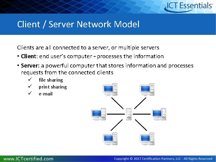 Client / Server Network Model Clients are all connected to a server, or multiple