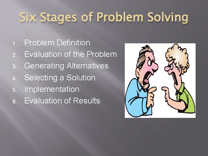 Six Stages of Problem Solving 1. 2. 3. 4. 5. 6. Problem Definition Evaluation