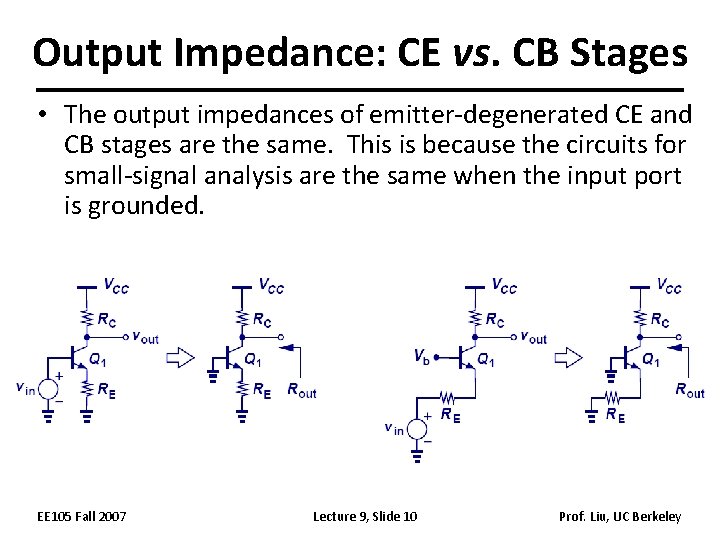 Output Impedance: CE vs. CB Stages • The output impedances of emitter-degenerated CE and