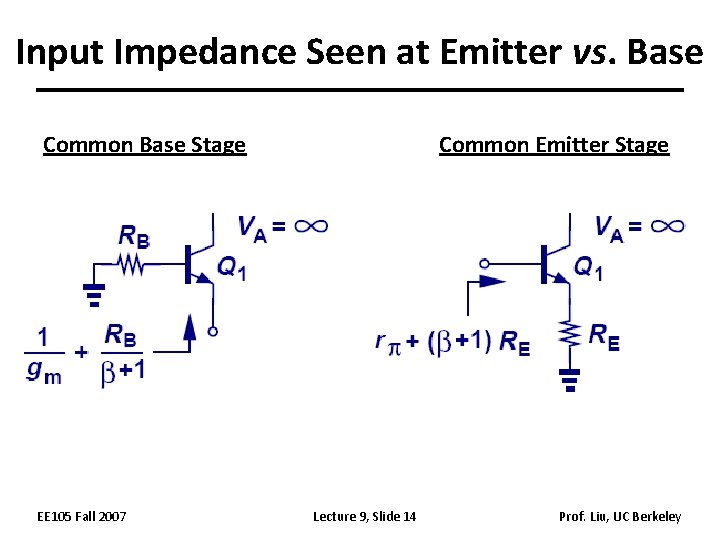 Input Impedance Seen at Emitter vs. Base Common Base Stage EE 105 Fall 2007