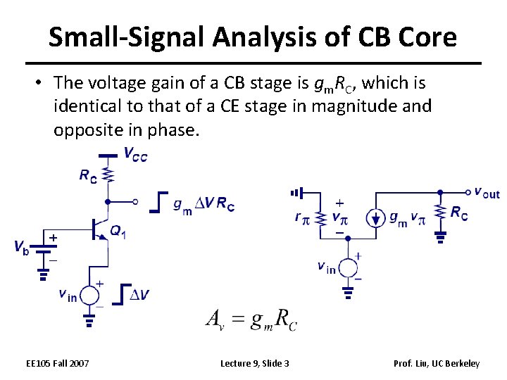 Small-Signal Analysis of CB Core • The voltage gain of a CB stage is