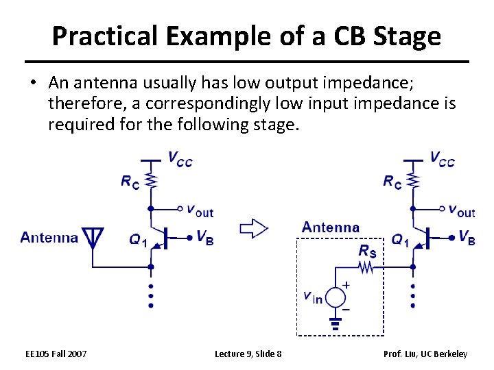 Practical Example of a CB Stage • An antenna usually has low output impedance;