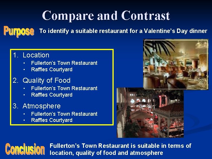 Compare and Contrast To identify a suitable restaurant for a Valentine’s Day dinner 1.